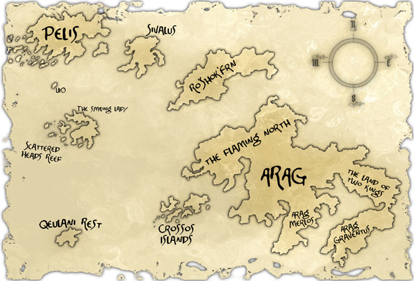 A map of Ragir, featuring the main continent of Arag and others.