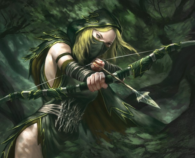 An Elven Ranger dressed in green points an arrow at the observer.